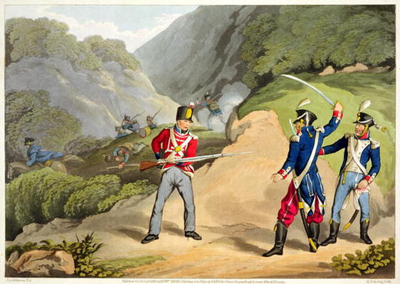 A British Soldier Taking Two French Officers at the Battle of the Pyrenees, engraved by Matthew Dubo von John Augustus Atkinson