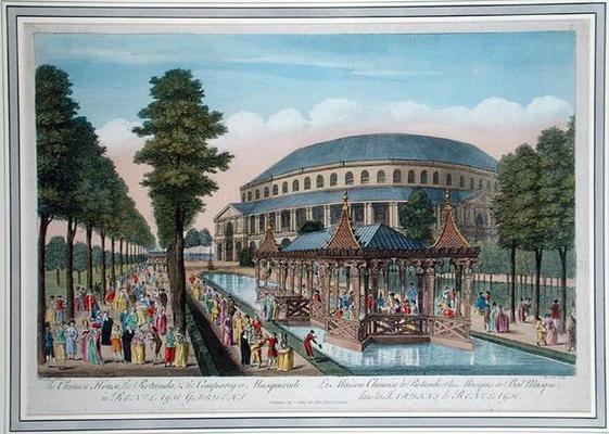 The Chinese House, the Rotunda and the Company in Masquerade in Ranelagh Gardens (coloured aquatint) von John Bowles