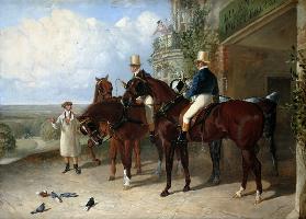 Postillons auf ihren Pferden in Erwartung einer Postkutsche 1846