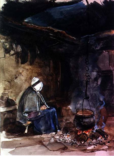 Watching the pot boil - a cottage interior von John Frederick Lewis