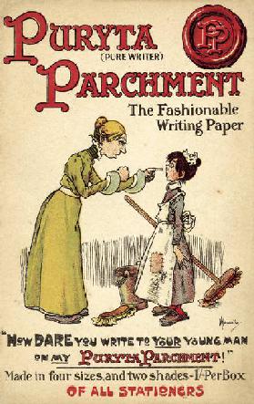 Dame, die Dienerin für die Verwendung von Puryta Parchment, dem modischen Schreibpapier