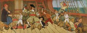 Die verlorenen Jungs im Kampf mit den Piraten und Peter im letzten Duell mit Captain Hook Illustrati
