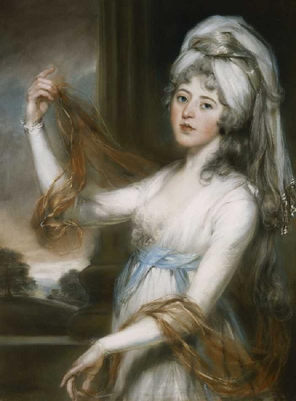 Porträt von Sarah, Ehefrau von Walker King, Bischof von Rochester in einem weißen Kleid mit einem bl von John Russell