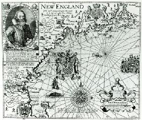 Map of the New England coastline in 1614, engraved by Simon de Passe (1595-1647) 1616 (engraving) (b 1796