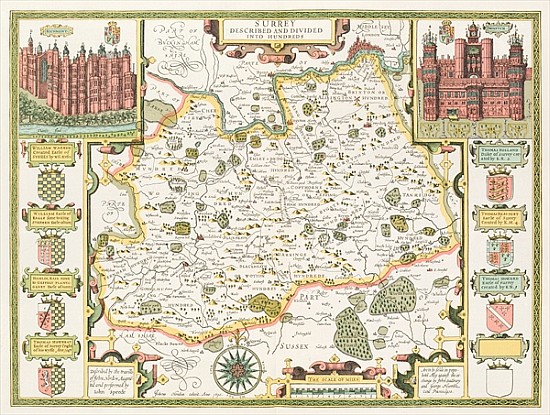 Map of Surrey; engraved by Jodocus Hondius (1563-1612) from John Speed''s Theatre of the Empire of G von John Speed