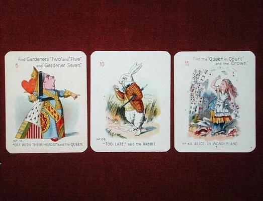 Three 'Happy Family' cards depicting characters from 'Alice in Wonderland' by Lewis Carroll (1832-98 von John Tenniel