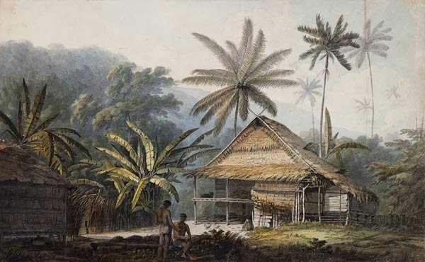 Hütte und Palmen auf der Insel Krakatoa. von John Webber