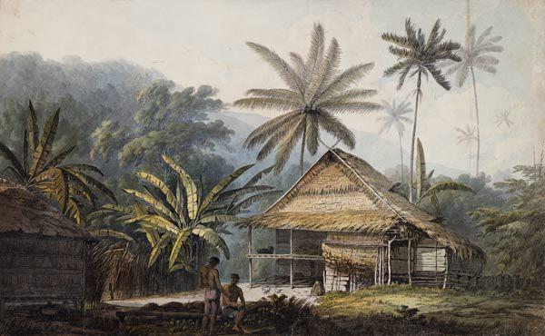 Hütte und Palmen auf der Insel Krakatoa.