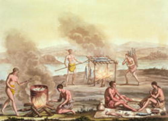 Indigenous natives from Florida preparing and cooking food (engraving) von John White