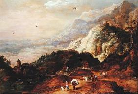 A Mountainous Landscape with Figures and Mules