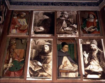 The Study of Federigo da Montefeltro, Duke of Urbino, clockwise from TL: Euclides of Megara, Greek p von Joos van Gent