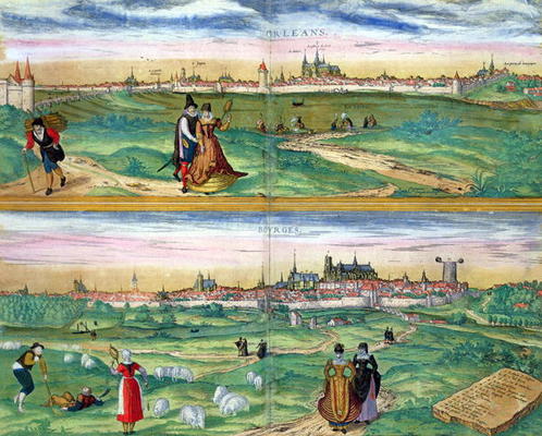 Map of Orleans and Bourges, from 'Civitates Orbis Terrarum' by Georg Braun (1541-1622) and Frans Hog von Joris Hoefnagel