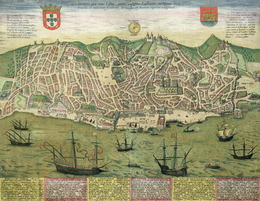Map of Lisbon, from 'Civitates Orbis Terrarum' by Georg Braun (1541-1622) and Frans Hogenberg (1535- von Joris Hoefnagel