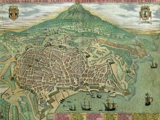 Map of Catania, from 'Civitates Orbis Terrarum' by Georg Braun (1541-1622) and Frans Hogenberg (1535 von Joris Hoefnagel