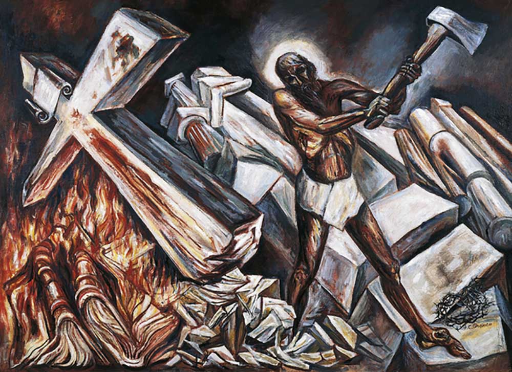 Christus zerstört sein Kreuz, 1943, von Jose Clemente Orozco (1883-1949), Gemälde, 94x130 cm. Mexiko von José Clemente Orozco