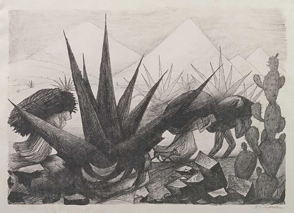 Indianer und Magney Pflanzen, 1928 (Litho in schwarzer Tinte) von José Clemente Orozco
