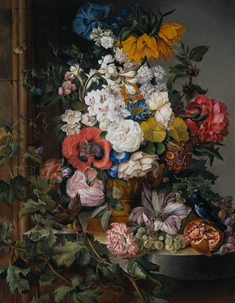 Grosses Blumenstück mit Früchten, Vögeln und Insekten von Josef Schuster