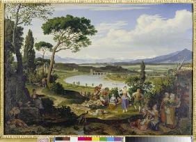 Tiberlandschaft bei Rom mit ländlichem Fest. 1818