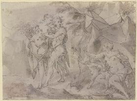 Venus und Amor unter einem Zelt sitzend, links von ihnen stehen Flora und Zephir