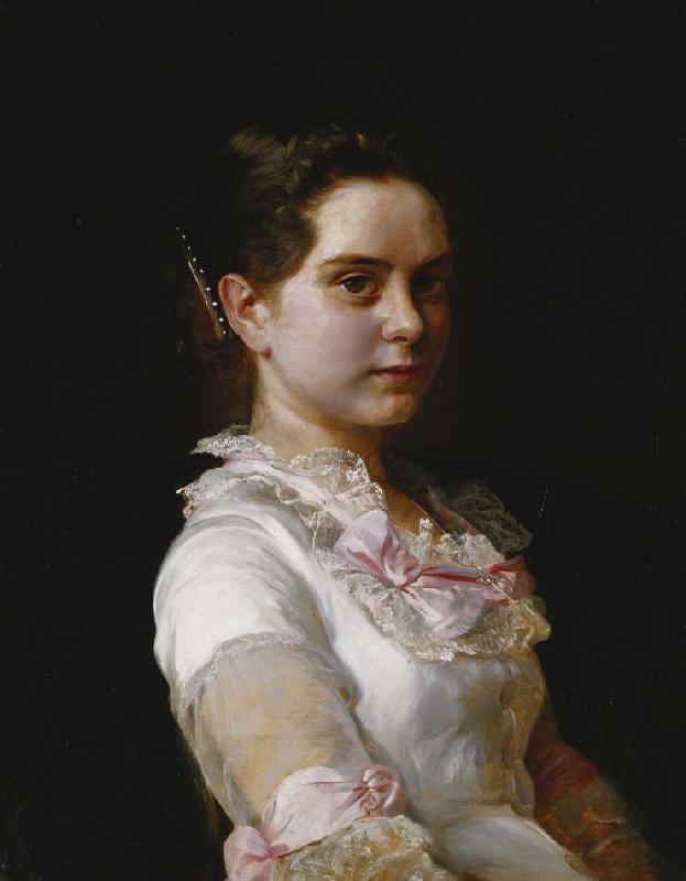 Porträt von Margarete Rieckehoer in weißem Kleid mit rosa Schleifen von Joseph Kostka