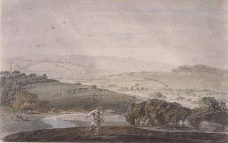 A Farmer Sowing, with a River Valley and Rolling Hills Beyond von William Turner