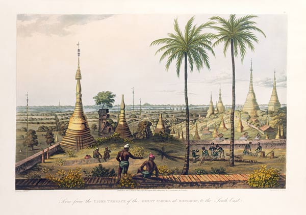 Scene from the Upper Terrace of the Great Pagoda at Rangoon, to the South East, engraved by H. Pyall von Joseph Moore