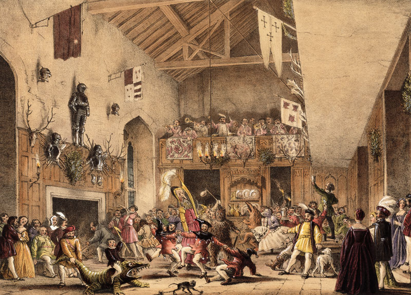 Twelfth Night Revels in the Great Hall, Haddon Hall, Derbyshire, from 'Architecture of the Middle Ag von Joseph Nash