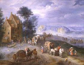 Landscape with peasants, carts and a ferry