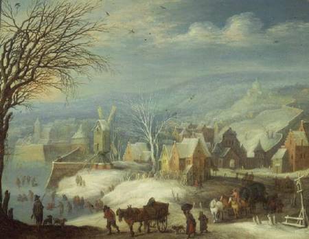 Winter landscape with numerous figures (panel) von Joseph van Bredael