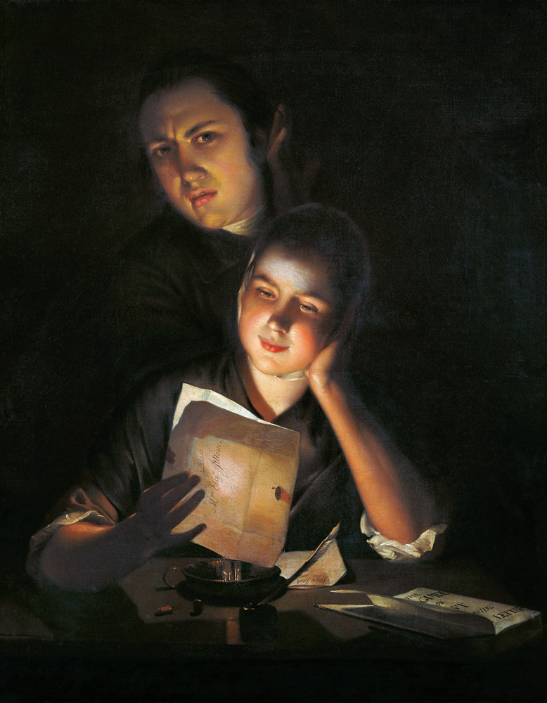 A Girl reading a letter by Candlelight, with a Young Man peering over her shoulder von Joseph Wright of Derby