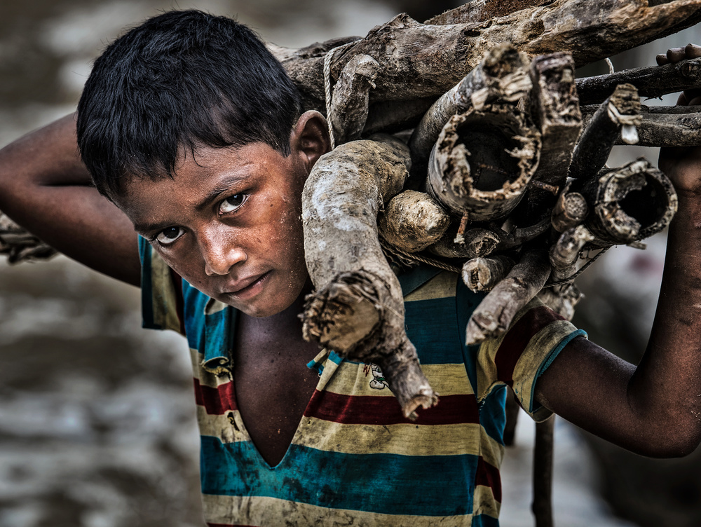 Rohingya-Flüchtlingsjunge trägt Feuerholz. von Joxe Inazio Kuesta Garmendia