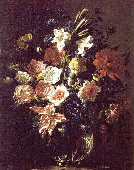 Lilies, peonies, tulips, cornflowers and other flowers on a glass vase on a pedestal von Juan de Arellano