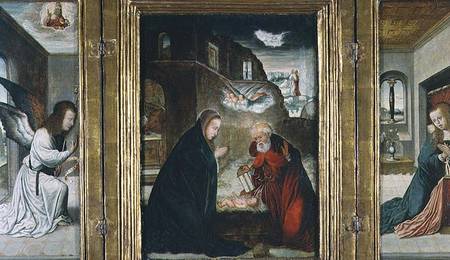 The Birth of Christ Triptych with the Nativity flanked by the Annunciation (panel) von Juan de Flandes