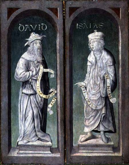 David and Isaiah, closed panels of the Birth of Christ Triptych von Juan de Flandes