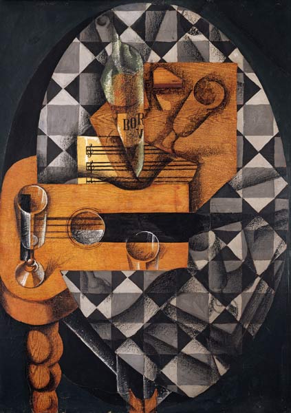 Guitar, Bottle, and Glass, 1914 (pasted papers, gouache & crayon on canvas) von Juan Gris