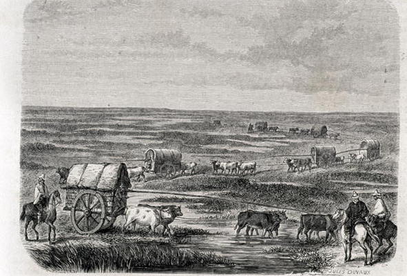 Wagon Train on the Argentinian Pampas in the 1860s, engraved by Alfred Louis Sargent (b.1828) (engra von Jules Antoine Duvaux