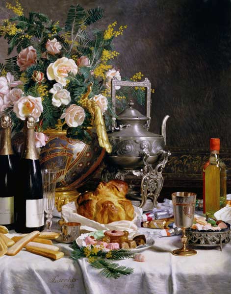 Champagner, Gebäck and Kuchen auf einer gedeckten Tafel von Jules Larcher