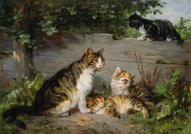 Katzenmutter mit drei Jungen von Julius Adam