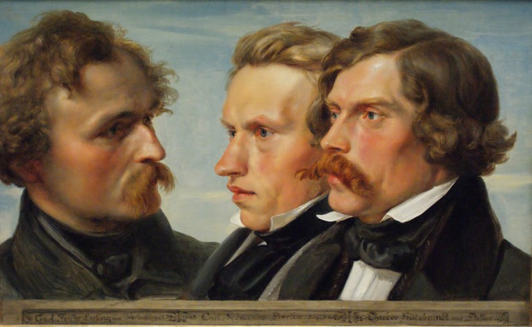 Jung Düsseldorf. Dreierporträt der Maler Karl Friedrich Lessing, Carl Ferdinand Sohn und Theodor Hil von Julius Hübner