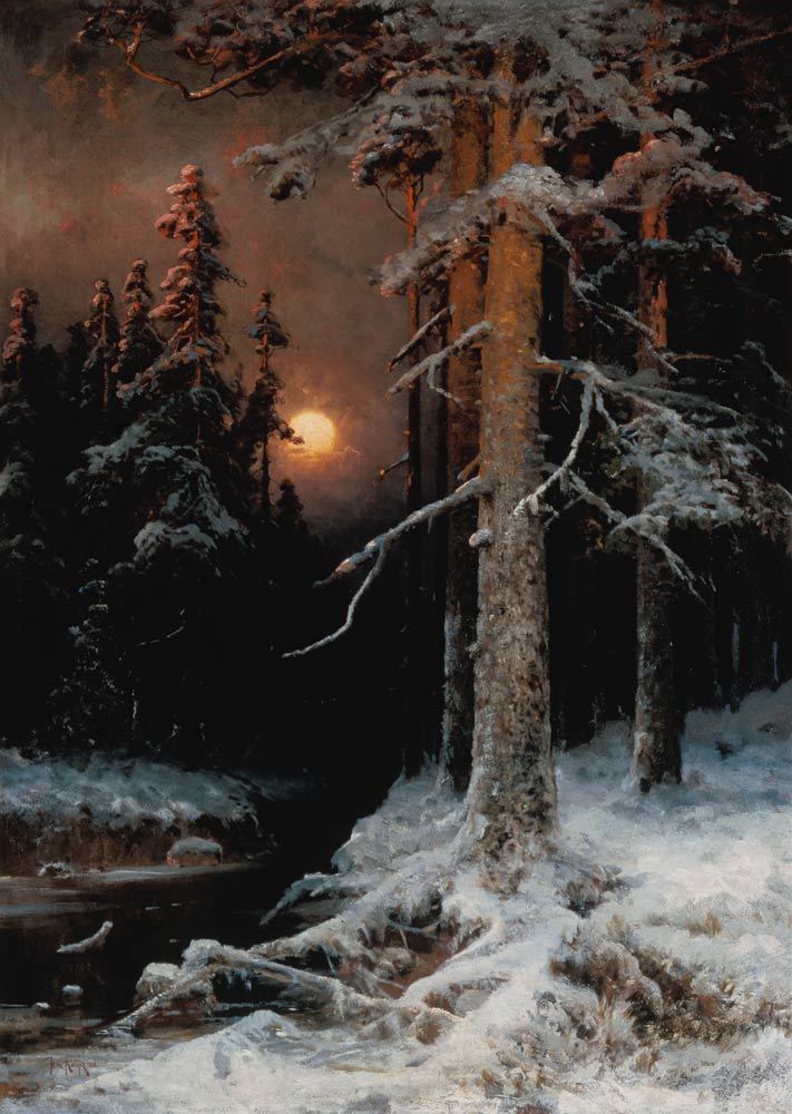 Winterliche Waldlandschaft mit Vollmond von Julius Sergius von Klever