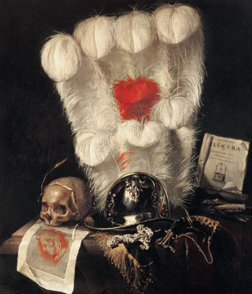 Stillleben mit Helm und Totenkopf (Vanitas) von Juriaen van Streek