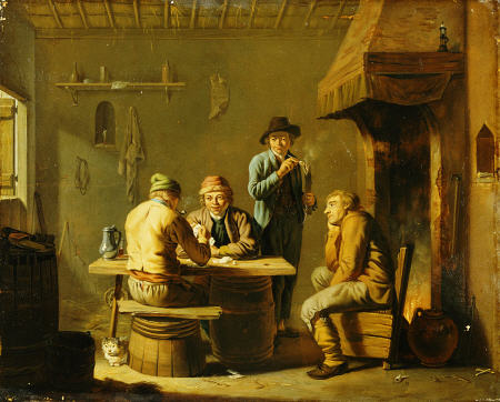 Peasants Playing Cards By A Cottage Fire von Justus Juncker