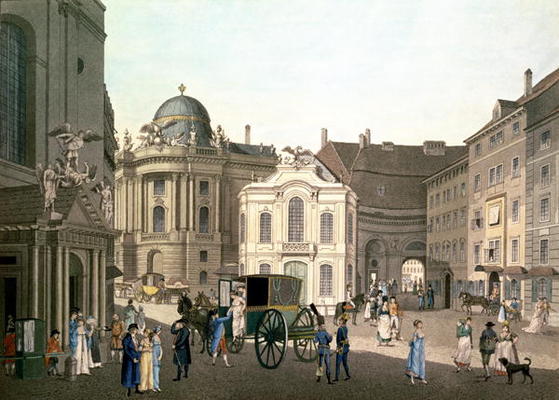 View of Michaelerplatz showing the Old Burgtheater (hand-coloured engraving) von Karel Postl