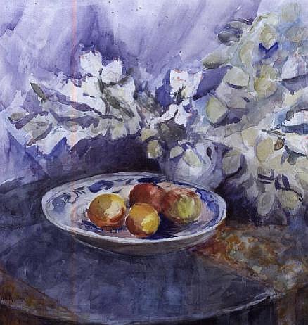 Still life of Apples and Flowers (w/c) von Karen  Armitage