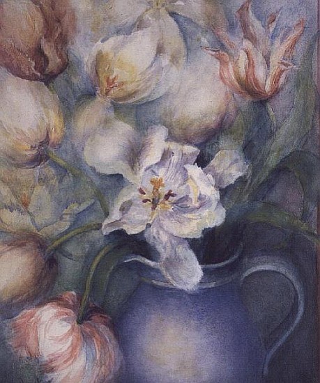 Tulips in a blue jug, white parrot and china pink  von Karen  Armitage