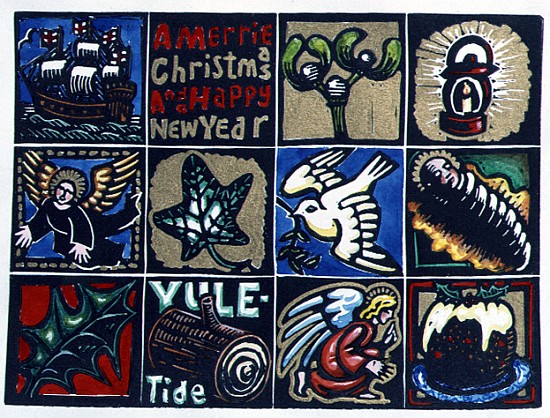Christmas Card, 1999 (linocut and w/c on paper)  von Karen  Cater