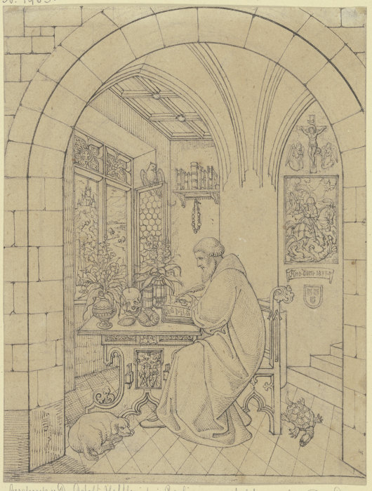 Albertus Magnus in einem gotischen Zimmer studierend, links sein Hund, rechts eine Schildkröte von Karl Ballenberger