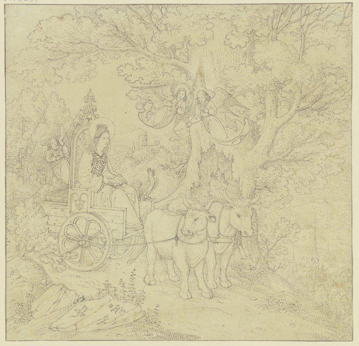 Die Heilige Elisabeth auf einem mit Ochsen bespannten Wagen, von Engeln geleitet von Karl Ballenberger