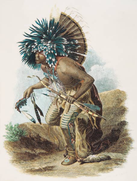 Medicine man of the Mandan tribe in the costume of the Dog Dance, 1834 (colour litho) von Karl Bodmer
