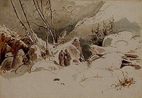Verschneiter Hochpaß mit Mönchen von Carl Eduard Ferdinand Blechen